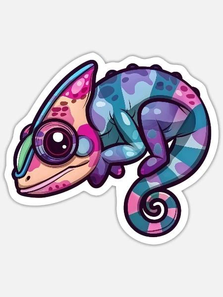 Buntes Chamäleon Große Augen Fantasie - Sticker Größe S (10 x 10 cm) - Mattweiß