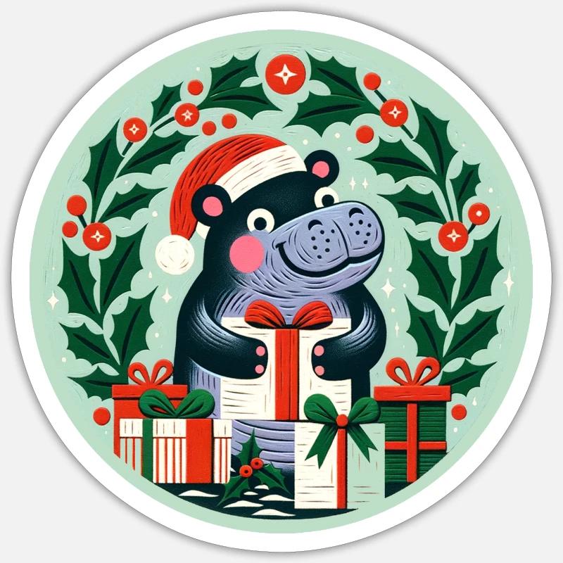 Hippopotame de Noël - Sticker taille S (10 x 10 cm) - blanc mat