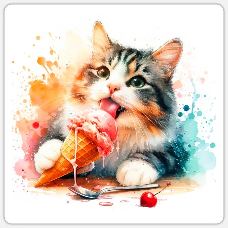 Kätzchen isst Eis Sticker Größe S (10 x 10 cm)
