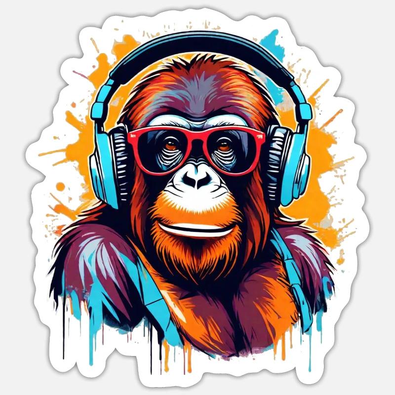 DJ Singe Orang-outan - Sticker taille S (10 x 10 cm) - blanc mat