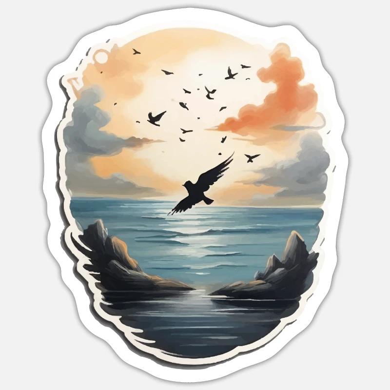 Landschaft Gemälde mit Vogel - Sticker Größe S (10 x 10 cm) - Mattweiß