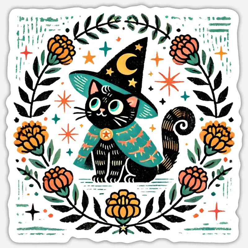 Chat sorcier - Sticker taille S (10 x 10 cm) - blanc mat