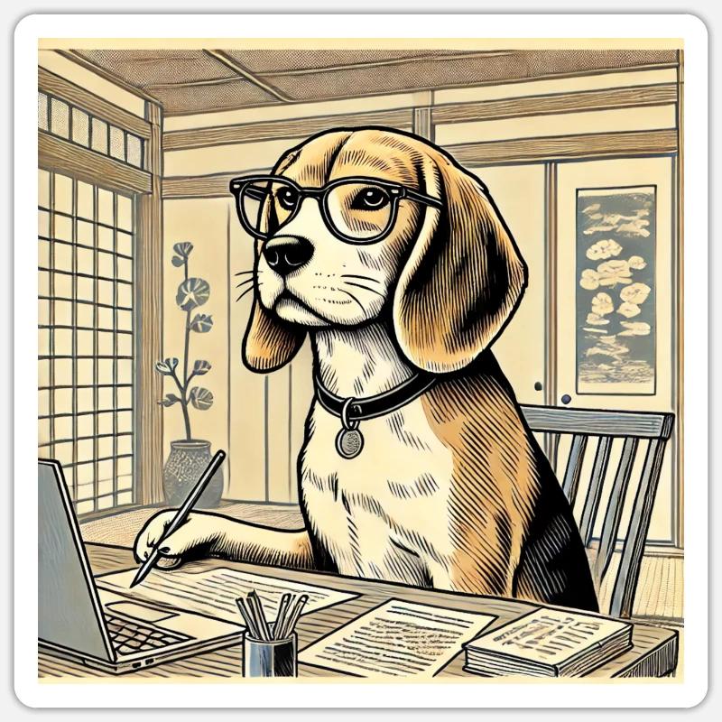 Beagle au bureau - style ukiyo-e - Sticker taille S (10 x 10 cm) - blanc mat