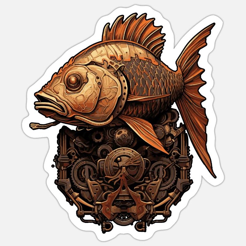 Poisson steampunk - Sticker taille S (10 x 10 cm) - blanc mat