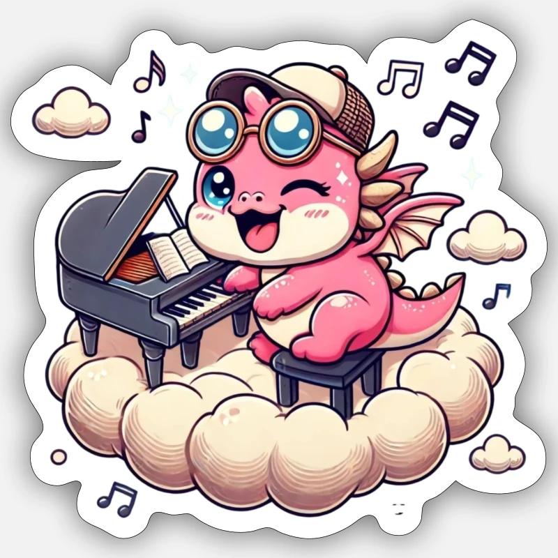 Süßer pinker Drache spielt Piano auf einer Wolke Sticker Größe S (10 x 10 cm)
