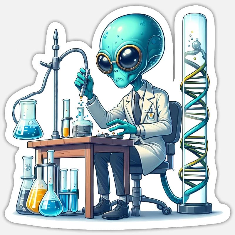 Alien experimenting - Sticker size S (10 x 10 cm) - white matte