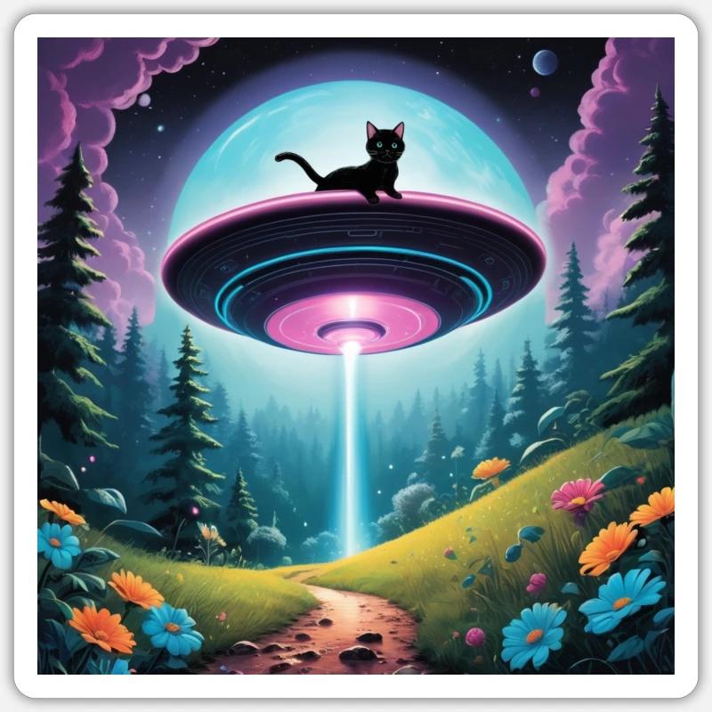 UFO with kitten - Sticker size S (10 x 10 cm) - white matte