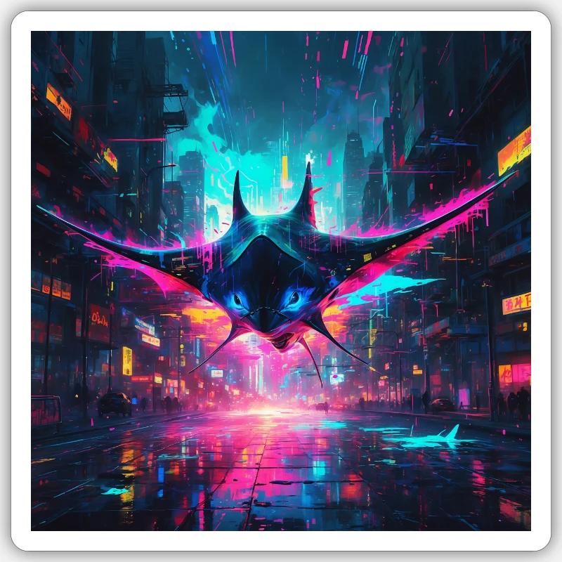 Neon Manta Rays - Sticker size S (10 x 10 cm) - white matte
