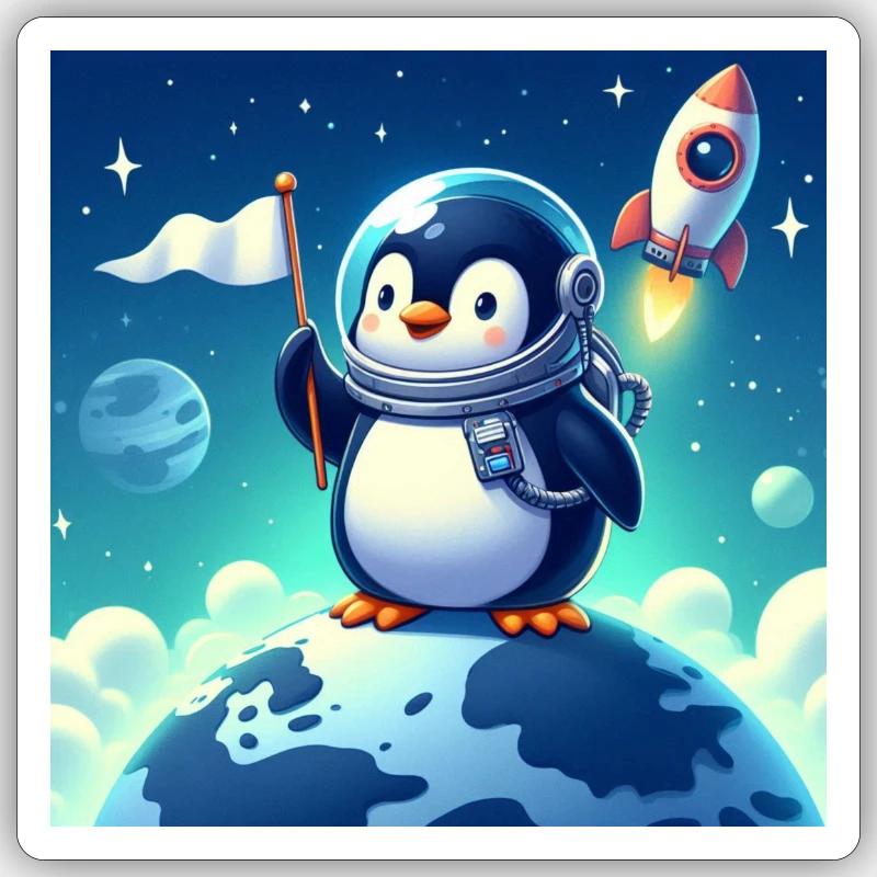 Pingouin dans l’espace - Sticker taille S (10 x 10 cm) - blanc mat