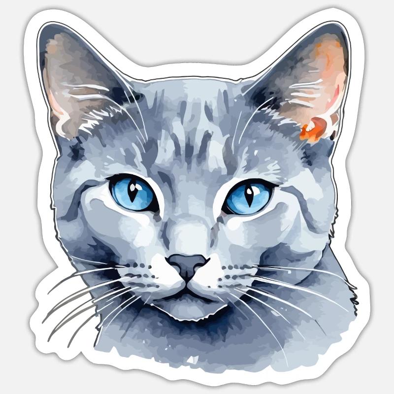 Chat bleu russe Aquarelle - Sticker taille S (10 x 10 cm) - blanc mat
