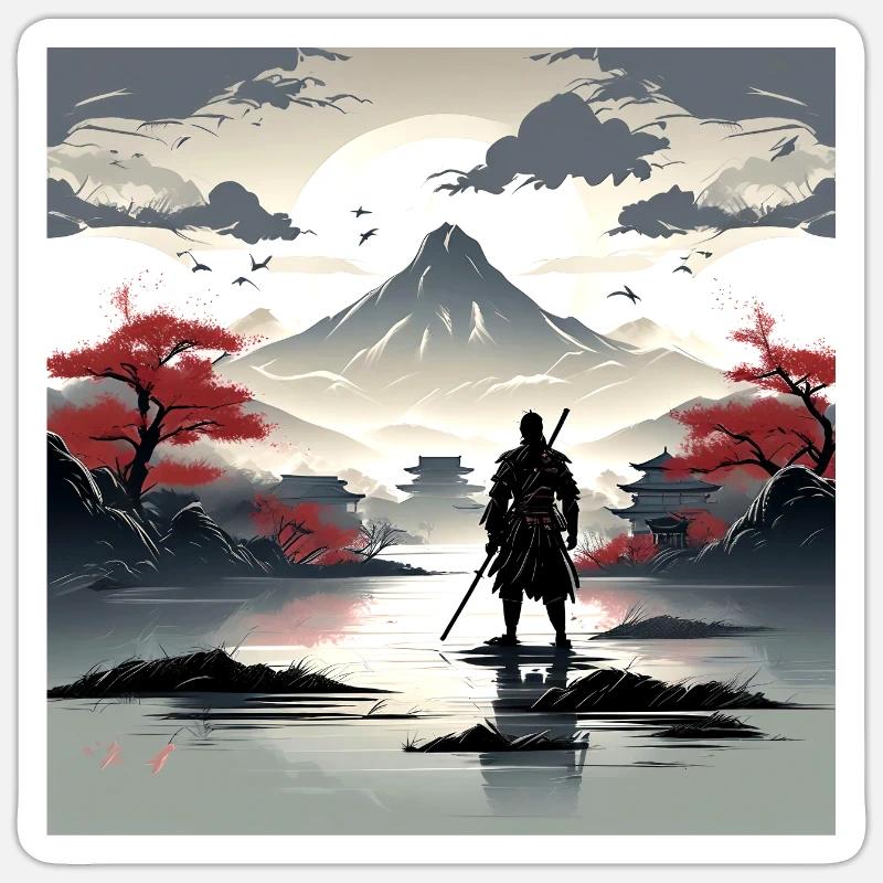Alone Samurai at a Beautiful Landscape - Sticker size S (10 x 10 cm) - white matte