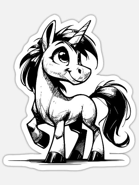Zauberhaftes lächelndes Einhorn Bleistift Skizze - Sticker Größe S (10 x 10 cm) - Mattweiß