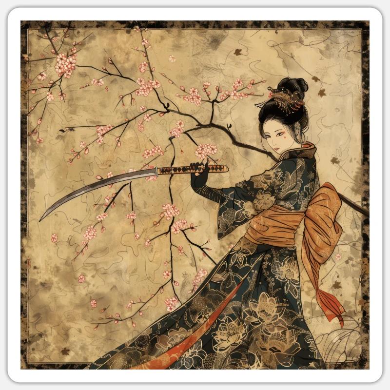 Japanisch, Samurai, Kirschblüte, Kunst, Ukiyo-E, s - Sticker Größe S (10 x 10 cm) - Mattweiß