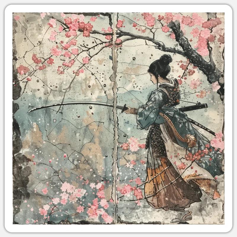 Japanisch, Samurai, Kirschblüte, Kunst, Ukiyo-E, s - Sticker Größe S (10 x 10 cm) - Mattweiß