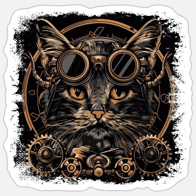 Chat Steampunk - Sticker taille S (10 x 10 cm) - blanc mat