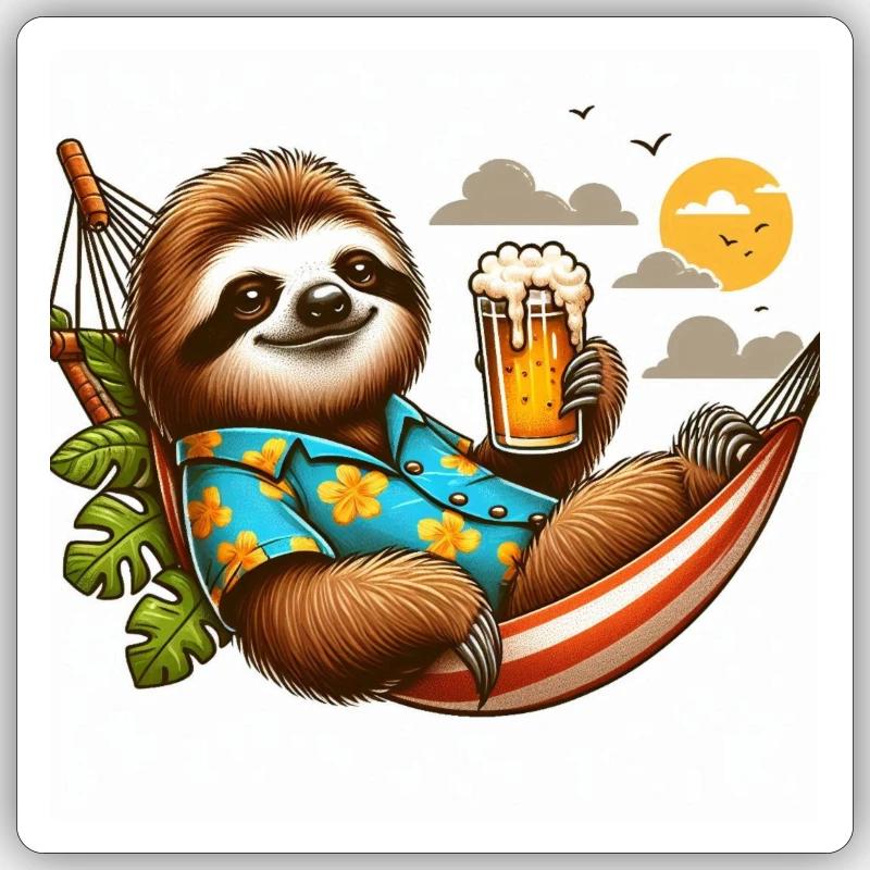 Faultier im Hawaii-Hemd mit Bier Sticker Größe S (10 x 10 cm)