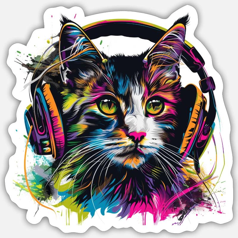 Katze mit großen Kopfhörern - Sticker Größe S (10 x 10 cm) - Mattweiß