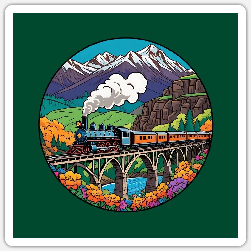 Bunter nostalgischer Eisenbahnzug mit Dampflok Sticker Größe S (10 x 10 cm)