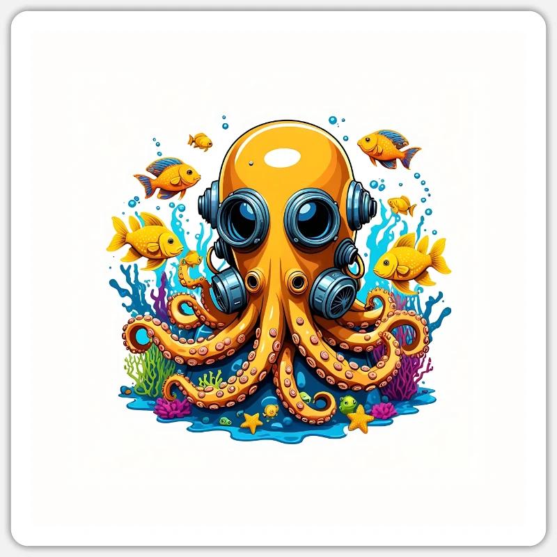 Funny octopus with diving goggles and fish Sticker size S (10 x 10 cm)