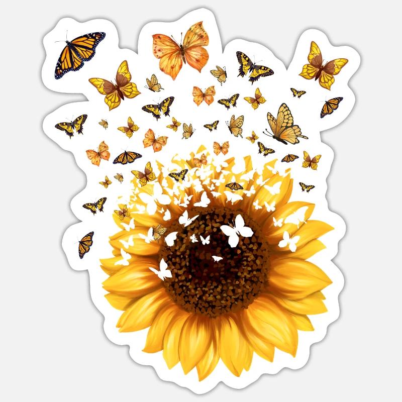Sonnenblumen-Schmetterlinge - originelle Geschenkidee - Sticker Größe S (10 x 10 cm) - Mattweiß