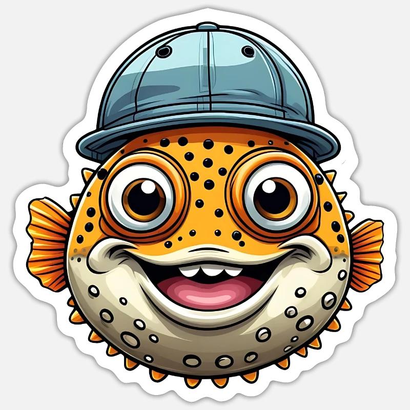 Cooler Kugelfisch mit Basecap - Sticker Größe S (10 x 10 cm) - Mattweiß