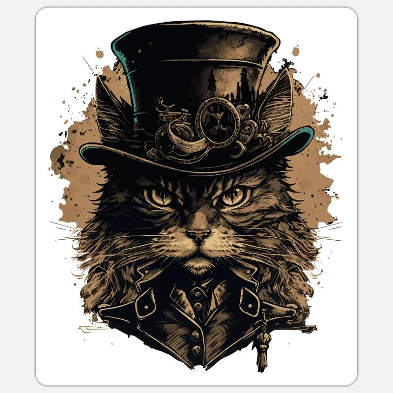 Steampunk Katze - Sticker størrelse S (10 x 10 cm) - mat hvid