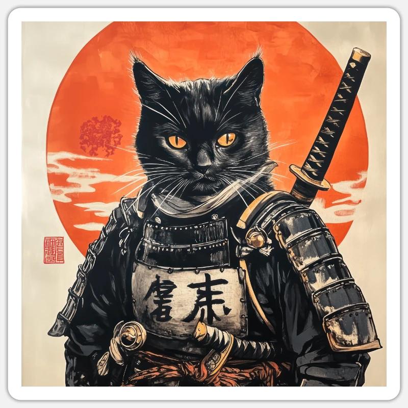 Katze Samurai Japan Ukiyo-E - Sticker Größe S (10 x 10 cm) - Mattweiß