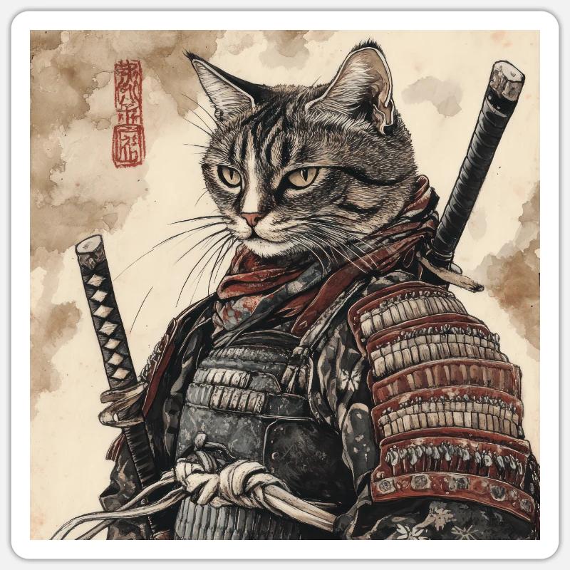 Chat Samouraï Japon Ukiyo-E - Sticker taille S (10 x 10 cm) - blanc mat