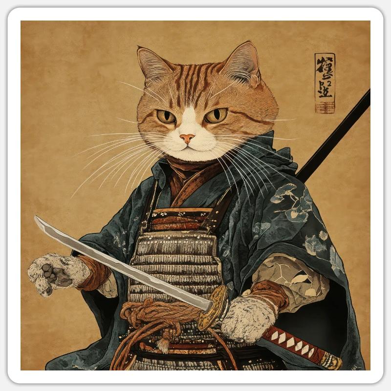 Katze Samurai Japan Ukiyo-E - Sticker Größe S (10 x 10 cm) - Mattweiß