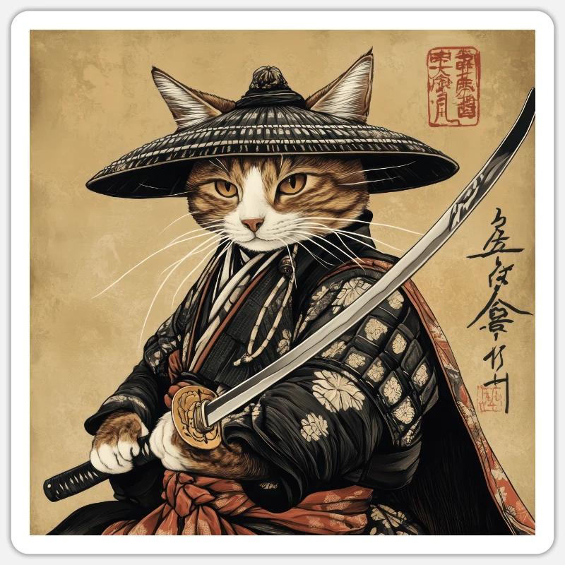 Katze Samurai Japan Ukiyo-E - Sticker Größe S (10 x 10 cm) - Mattweiß