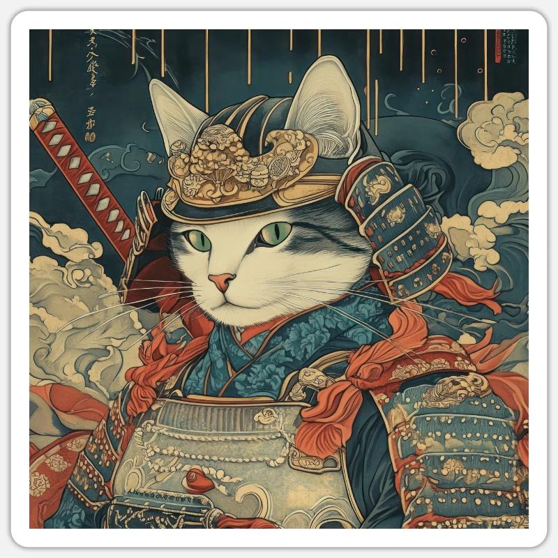 Chat Samouraï Japon Ukiyo-E - Sticker taille S (10 x 10 cm) - blanc mat