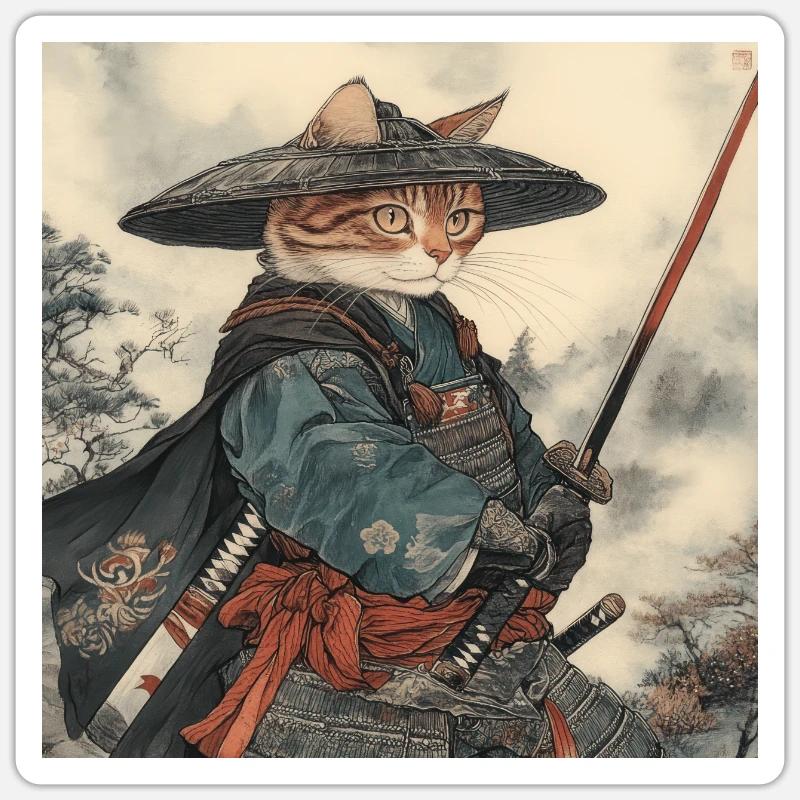 Cat Samurai Japan Ukiyo-E - Sticker size S (10 x 10 cm) - white matte