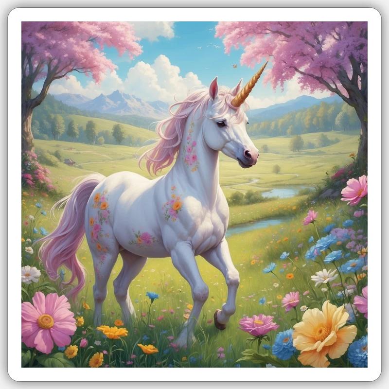 Licorne avec des fleurs - Sticker taille S (10 x 10 cm) - blanc mat