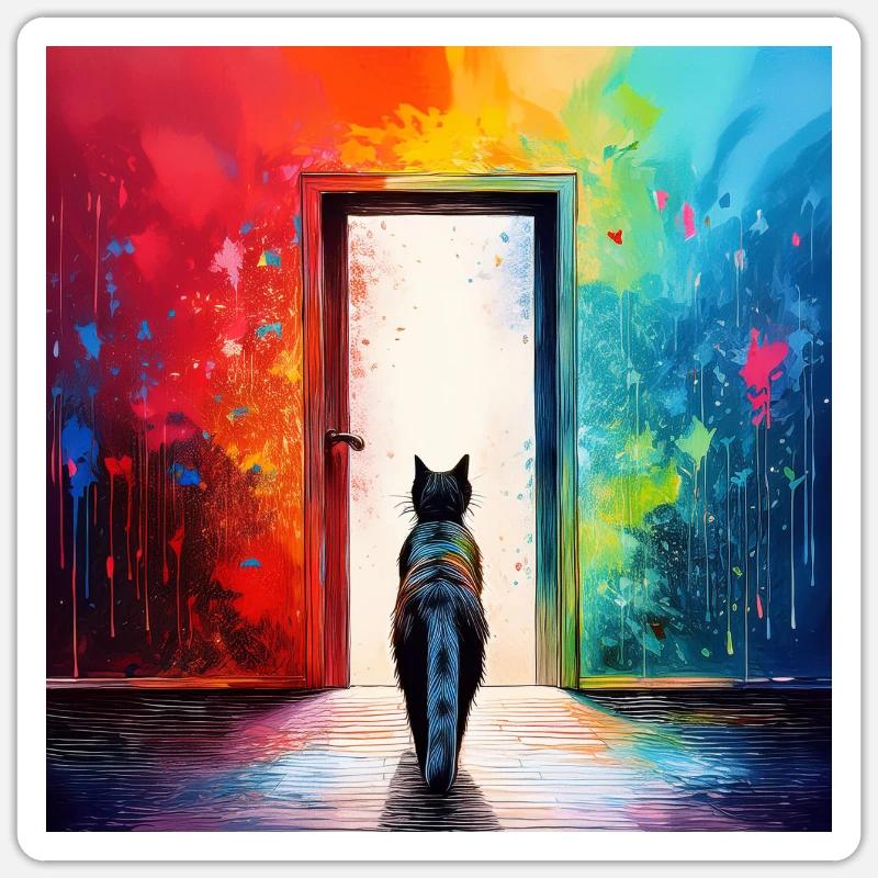 Un chat devant une porte vitrée - Sticker taille S (10 x 10 cm) - blanc mat