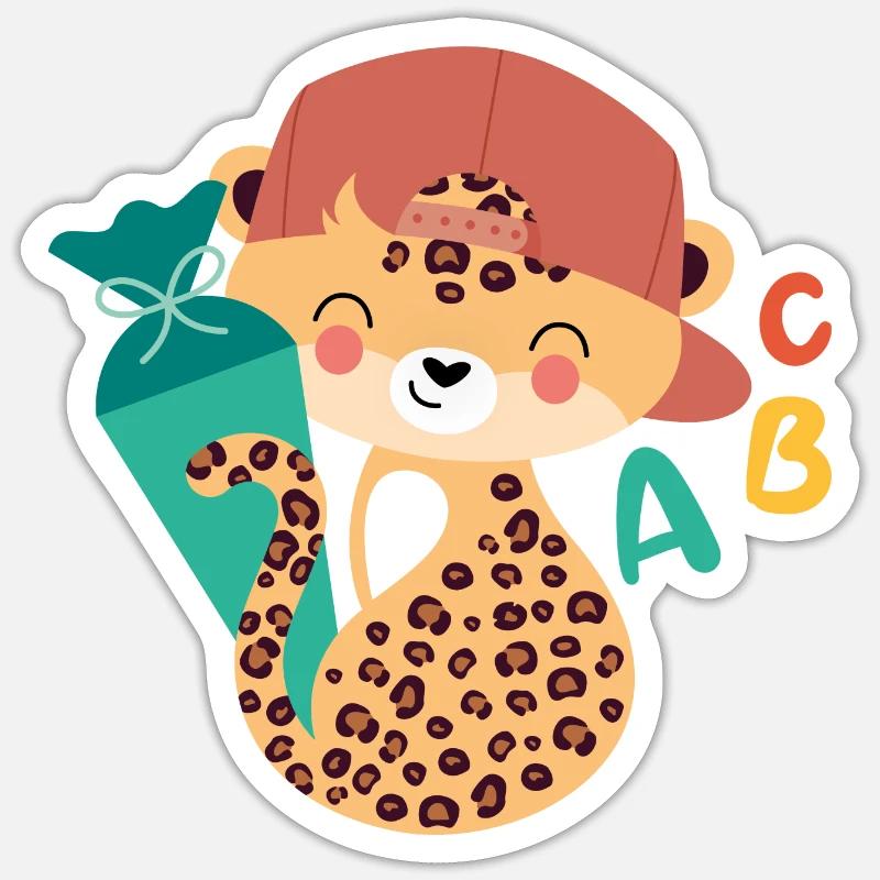 Léopard avec cône d’écolier - Sticker taille S (10 x 10 cm) - blanc mat