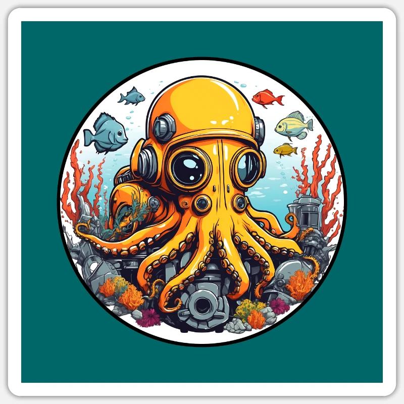 Whimsical yellow octopus with diving goggles Sticker size S (10 x 10 cm)