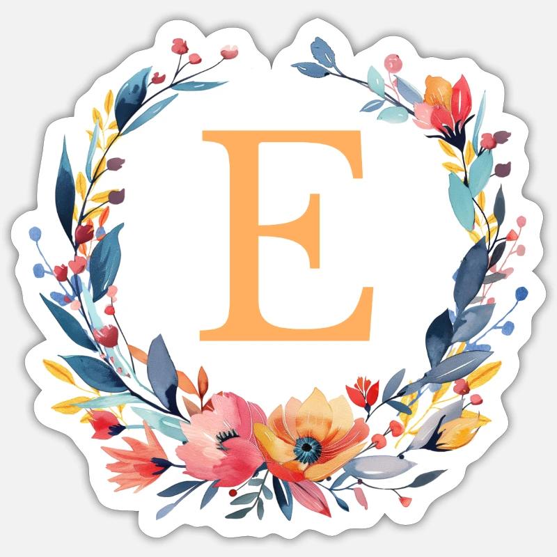 E Monogram, Flower Wreath, Personalizable - Sticker size S (10 x 10 cm) - white matte