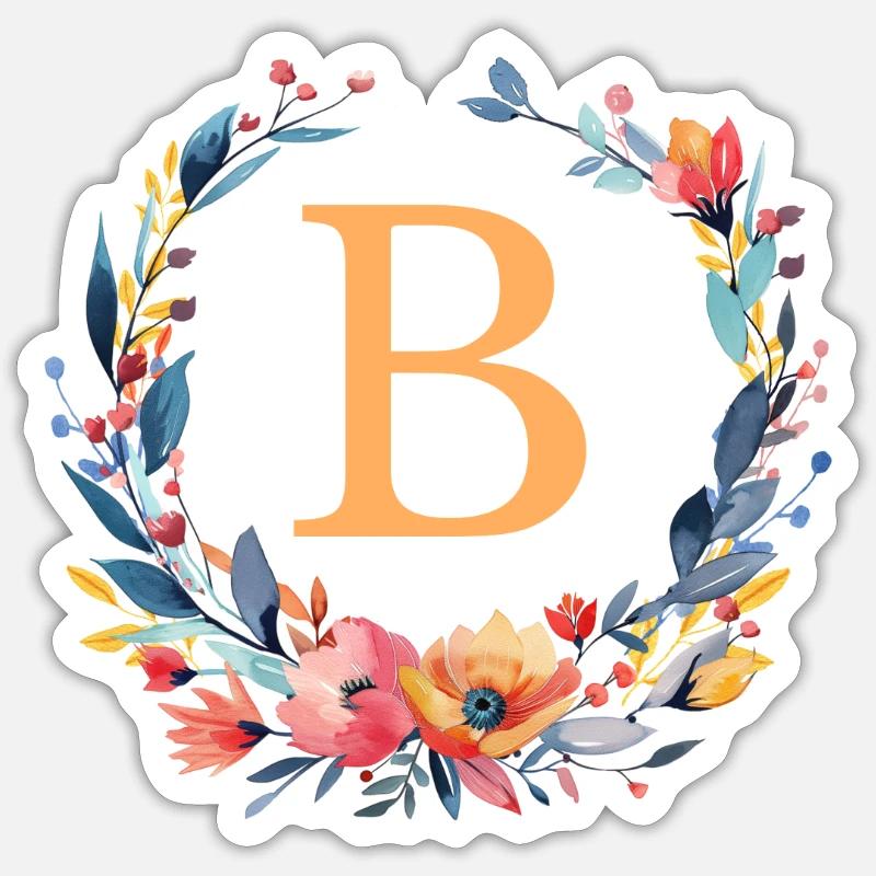 B Monogram, Couronne de fleurs, Personnalisable - Sticker taille S (10 x 10 cm) - blanc mat