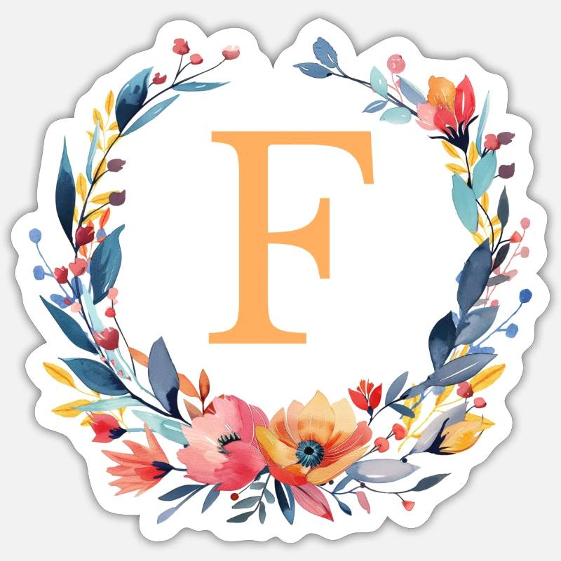 F Monogram, Flower Wreath, Personalizable - Sticker size S (10 x 10 cm) - white matte