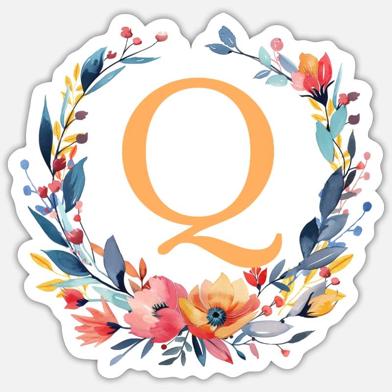 Q Monogram, Flower Wreath, Personalizable - Sticker size S (10 x 10 cm) - white matte