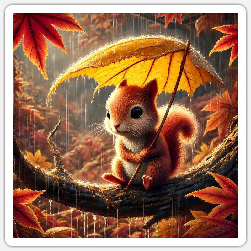 Trauriges Eichhörnchen im Regen im Herbst - Sticker Größe S (10 x 10 cm) - Mattweiß