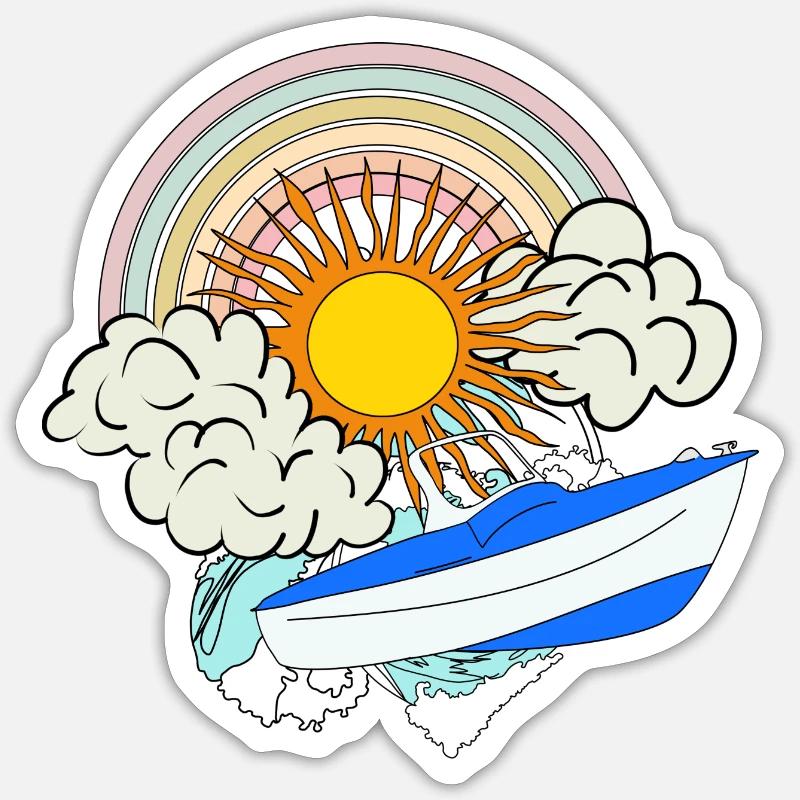 Motorboot Sonne Retro Regenbogen Wolken Meer Boot Sticker Größe S (10 x 10 cm)
