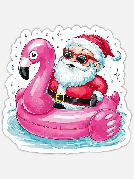 Festlicher Weihnachtsmann reitet Flamingo Pool - Sticker Größe S (10 x 10 cm) - Mattweiß
