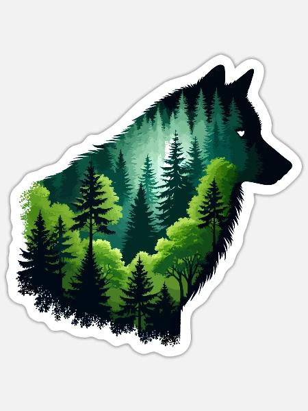 Silhouette Wolf mit grünem Wald - Sticker Größe S (10 x 10 cm) - Mattweiß