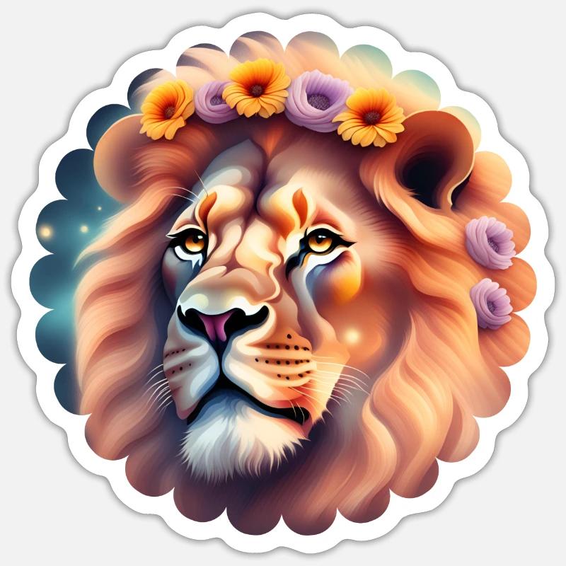 Ein Löwenkopf mit Blumen - Sticker Größe S (10 x 10 cm) - Mattweiß
