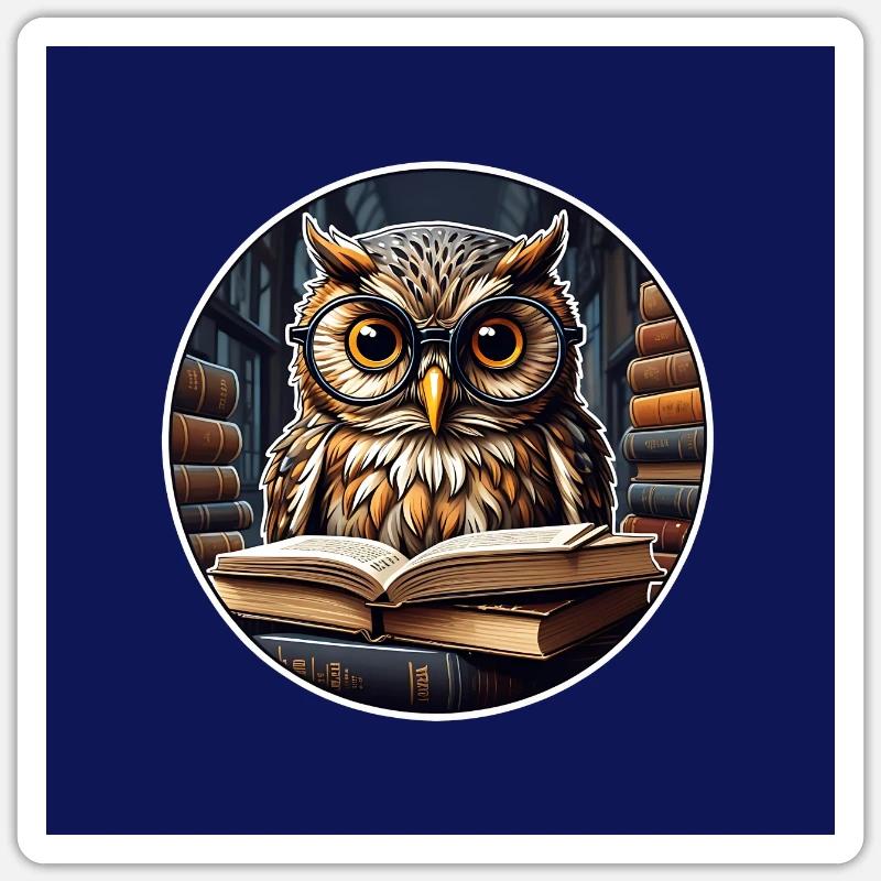 Bunte Eule mit großer Brille und dickem Buch Sticker Größe S (10 x 10 cm)