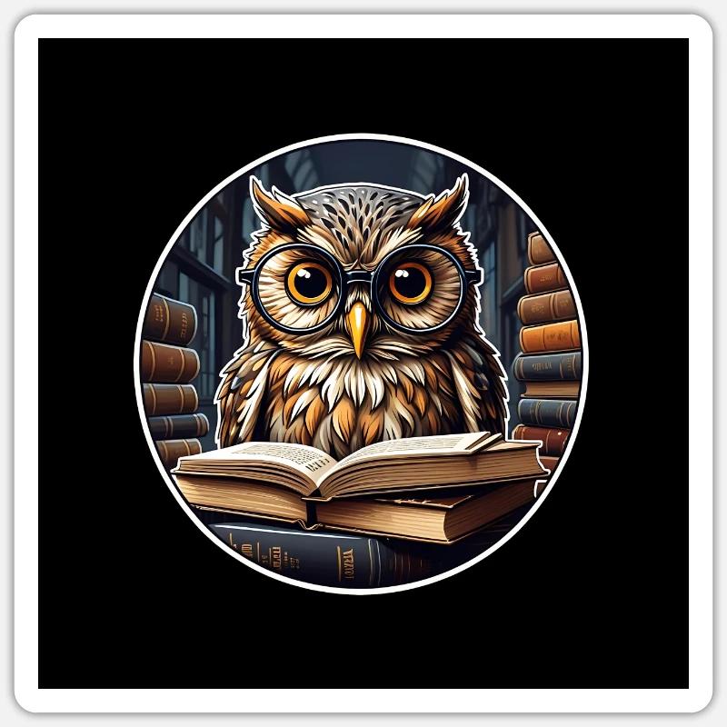 Bunte Eule mit großer Brille und dickem Buch Sticker Größe S (10 x 10 cm)
