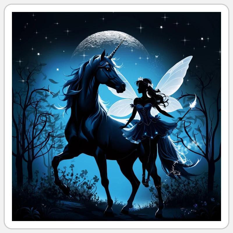 Die Fee und das Einhorn: Ein nächtliches Abenteuer. - Sticker Größe S (10 x 10 cm) - Mattweiß