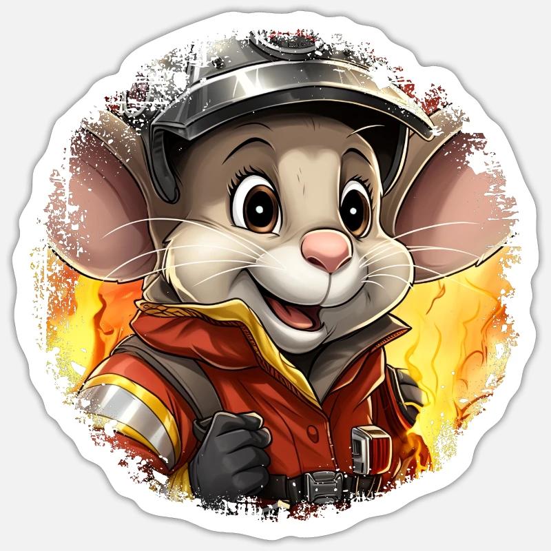 Feuerwehrmann Maus - Sticker Größe S (10 x 10 cm) - Mattweiß
