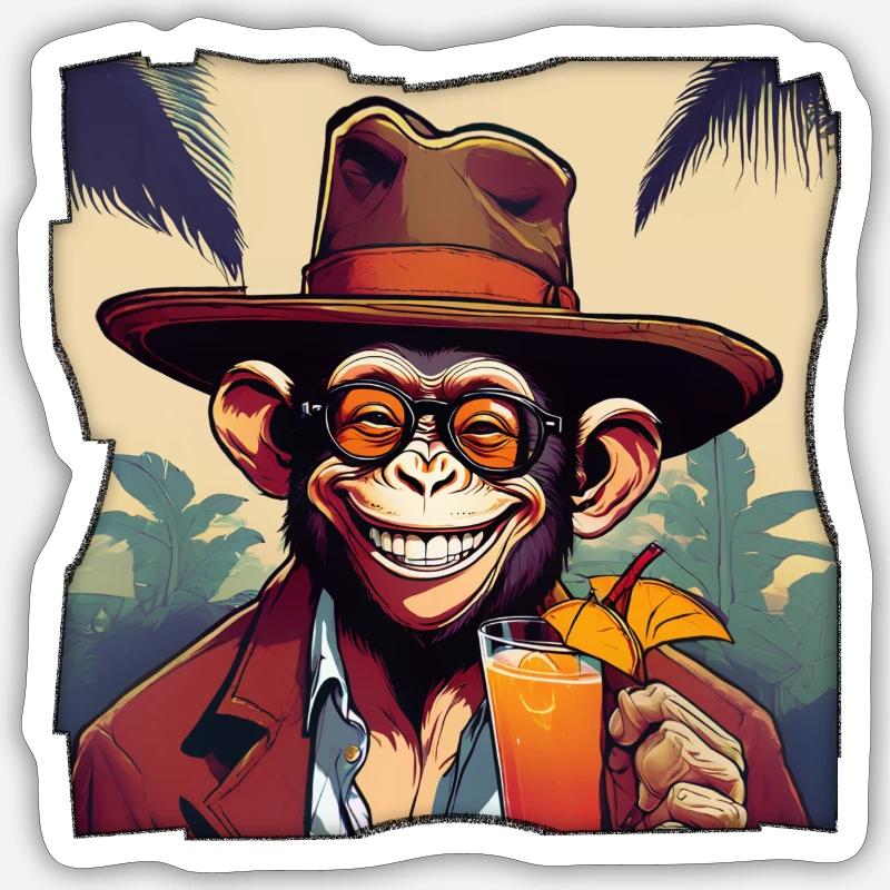 Singe avec cocktail ! - Sticker taille S (10 x 10 cm) - blanc mat